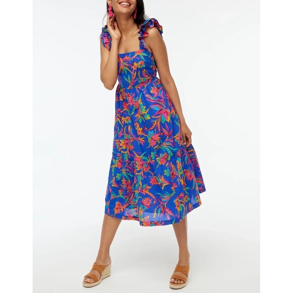 J Crew Women Dress Square Neck Midi Blue Cotton Preppy Floral Boho Size 8 NWT - Picture 2 of 16